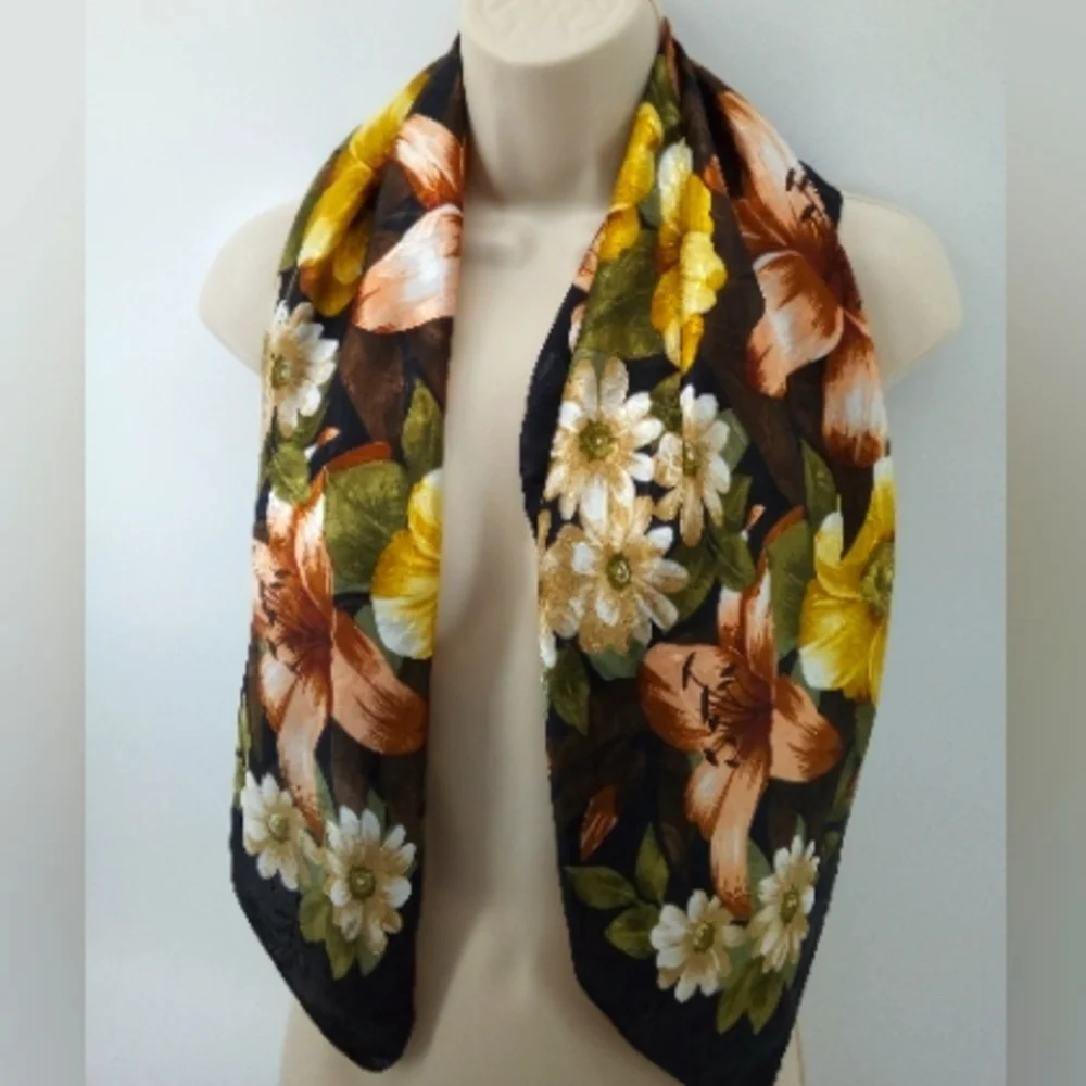 Vintage Square Floral Neck Scarf Satin Style Flowers Black Made in Korea